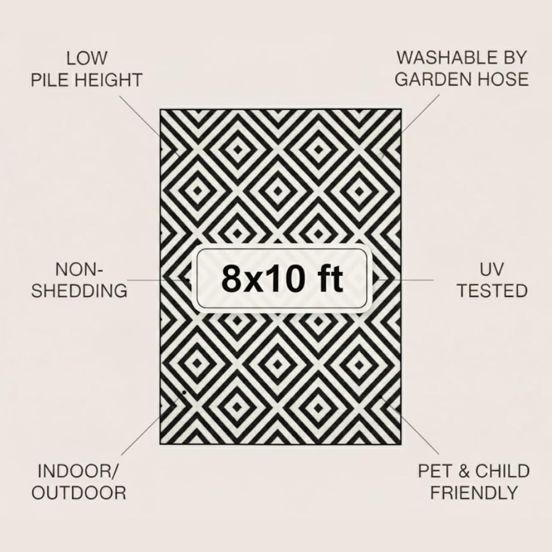 Outdoor Rug - 8x10 Outdoor Area Rug for Patio - Easy to Clean - Black and White Diamond Pattern - Outside Rug by Joylee