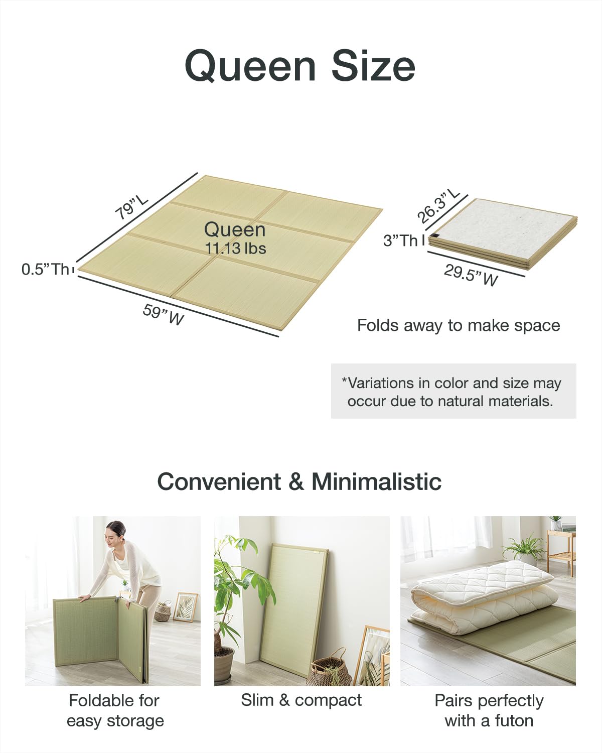 FULI Japanese Tatami Mattress, Foldable Igusa Rush Grass Tatami Rug, Natural Japanese Floor Mattress Mat Made in Japan, Queen