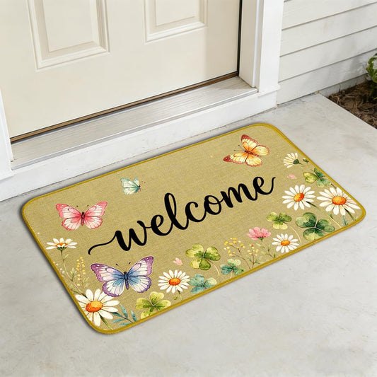 Butterfly Door Mat, Entryway Rug, Spring Summer Floral Linen Funny Welcome Mat, Non Slip Rubber Front Door Mat, Cottagecore Indoor Outdoor Porch Decor, 17 X 29 Inches