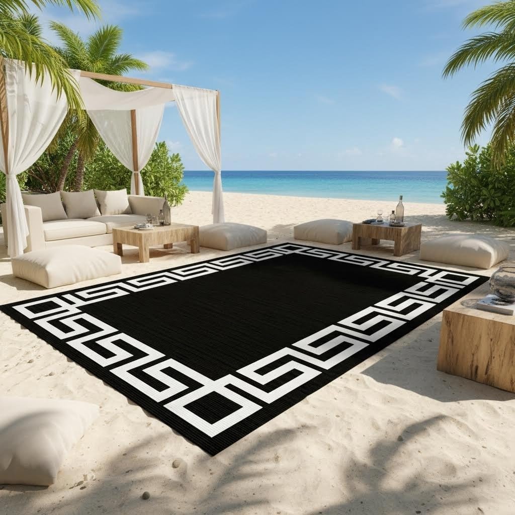Black White Greek Key Border Outdoor Rug for Patio Deck Balcony Camping Garden Porch Large Waterproof Outside Carpet Meander Frame Decorative Area Rug Kitchen Camping Rv Picnic Easy Clean Mats 3x5