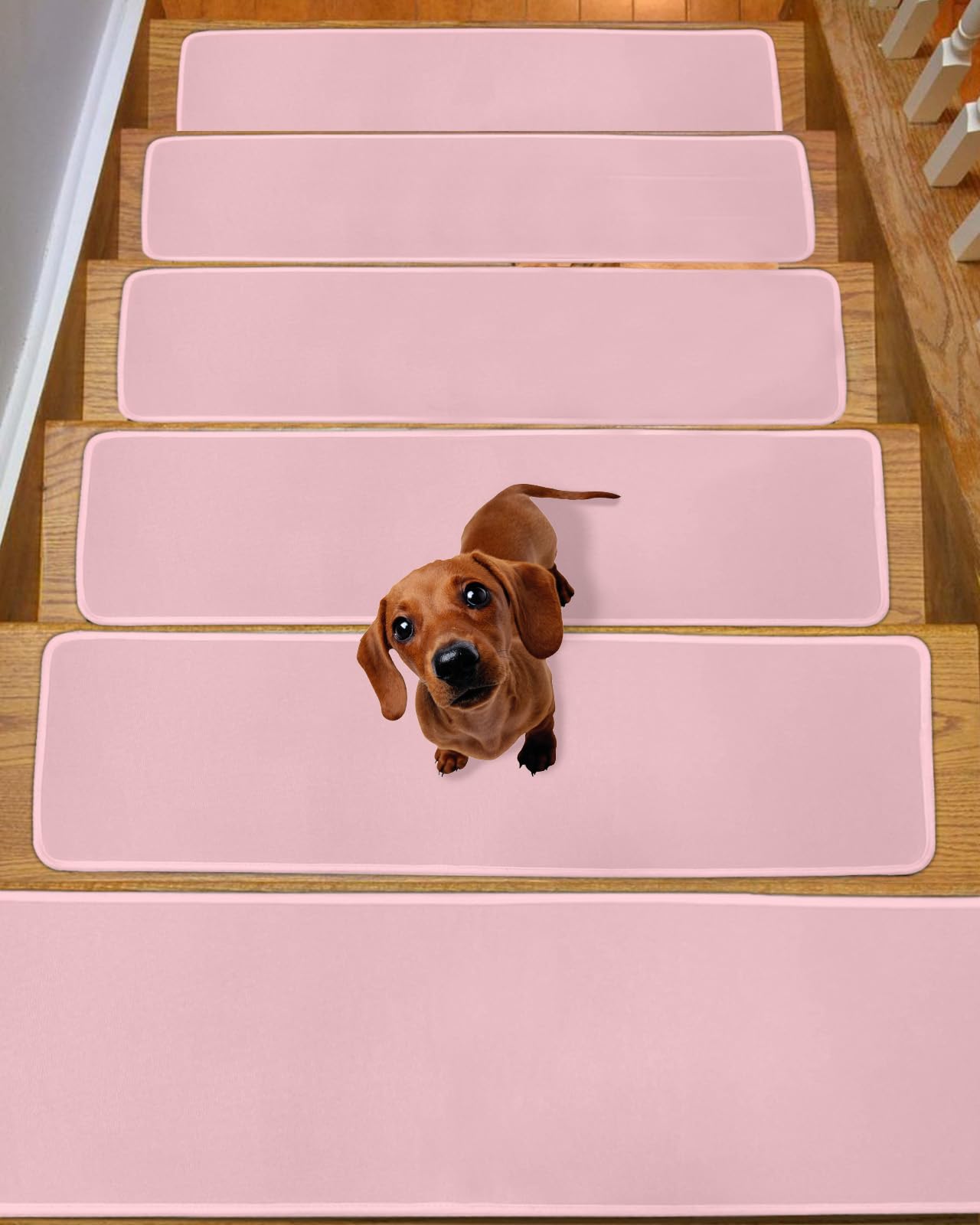 Light Pink Stair Treads for Wooden Steps Indoor, Non-Slip Stair Treads Carpet Peel & Stick Self-Adhesive Staircase Step Treads Runner Mat 7 Pack 8x30 Pure Pink Solid Color Simple Minimalism Art