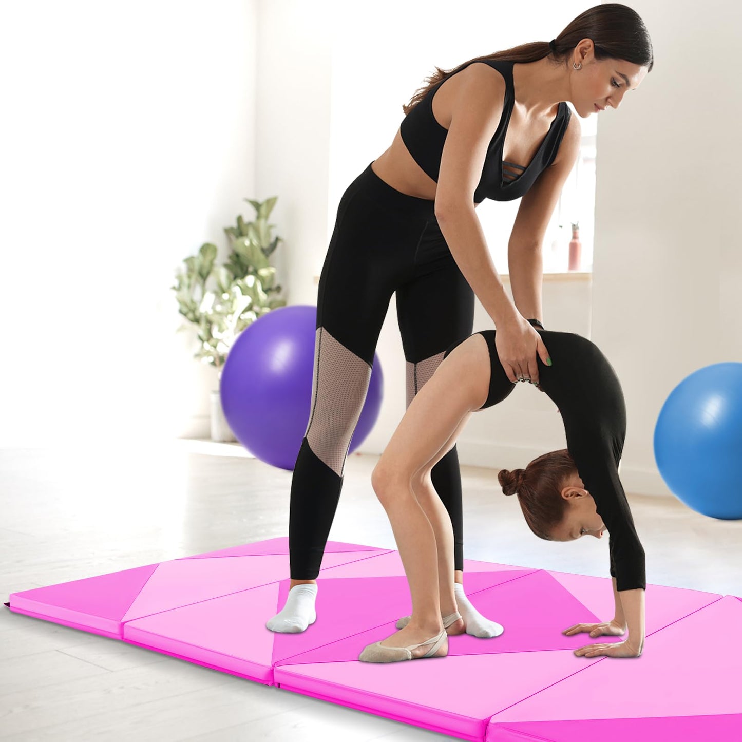 Goplus 8' x 4' x 2" Gymnastics Mat, Folding Tumbling Mat with Carry Handles, Hook & Loop Fasteners, 4 Panels for Fitness Exercise Yoga Stretching Aerobics Workouts, Thick Gym Mats for Home (Pink&Rose)