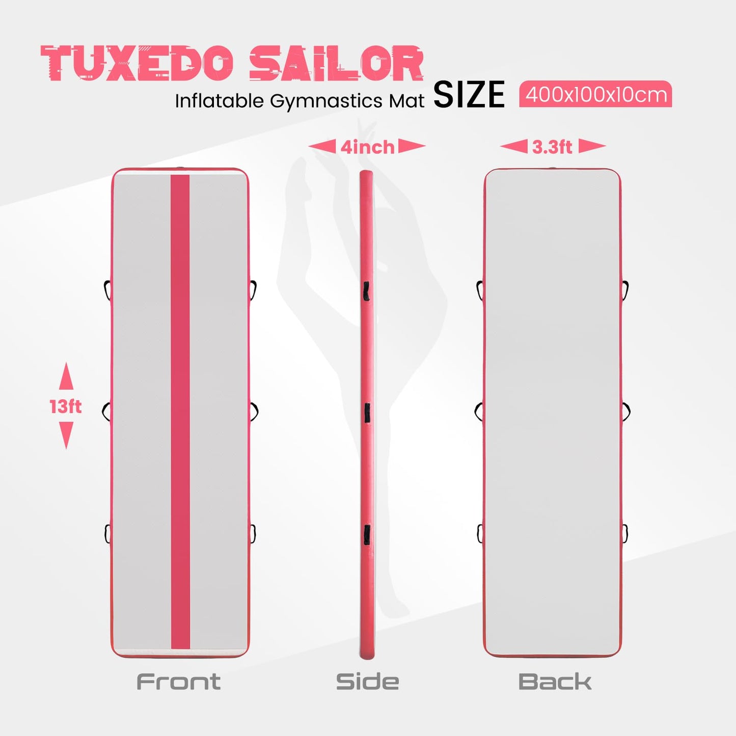 Tuxedo Sailor 10ft/13ft Inflatable Gymnastics Mat, 4-Inch Thick Air Tumbling Track with High-Speed Electric Pump, Storage Bag & Repair Kit for Home Gym, Cheerleading, Yoga, Kids Training (Blue & Pink) GLD-601, GLD-603, GLD-605, GLD-316, and GLD-318