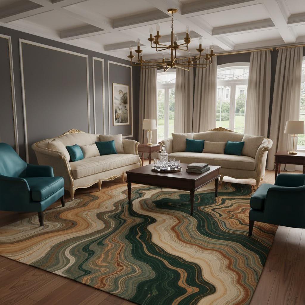 Retro Abstract Striped Marble Emerald Green Beige Brown Area Rug 8x10 Thin Non Shedding Unique Aesthetic Rugs for Bedroom Diningroom Farmhouse Guestroom Office Easy Clean Earth Tone Carpets