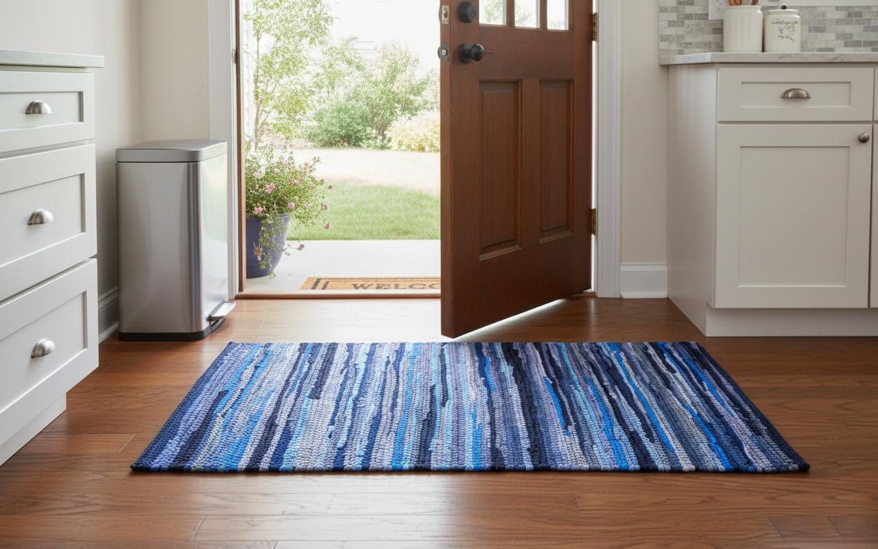 Savi Home Hand Woven 100% Cotton Chindi Rag Rug 20"x32" - Navy, Recycled Reversible Rug, Boho Farmhouse Rugs for Living Room, Dining Room, Kitchen, Entryway, Bedroom Rugs