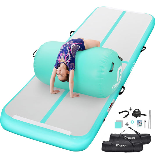 FBSPORT Inflatable Air Gymnastics Mat 4 inches Thickness and Air Roller 40x23.6 inches with Electric Air Pump 10ft Training Mats for Home Use Cheerleading Outdoor Training Park Yoga Beach Water(Green)