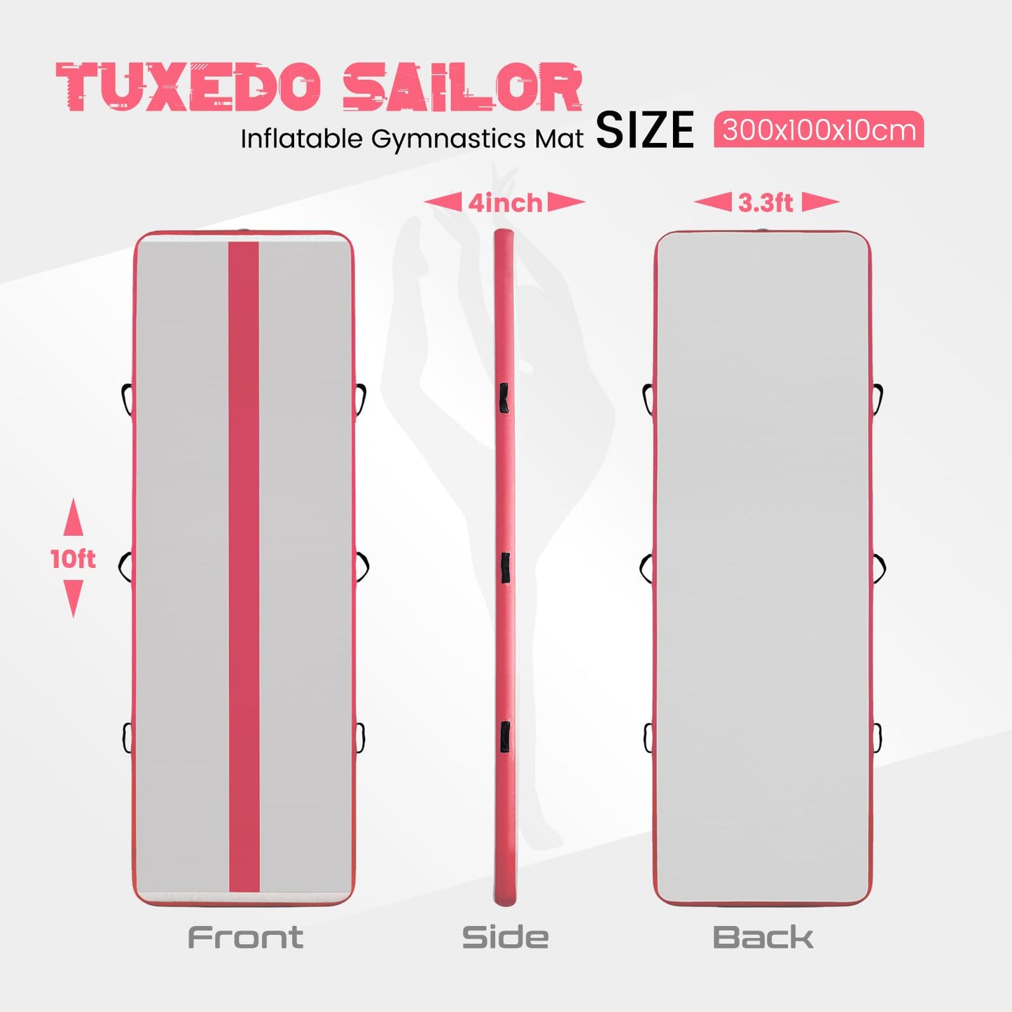 Tuxedo Sailor 10ft/13ft Inflatable Gymnastics Mat, 4-Inch Thick Air Tumbling Track with High-Speed Electric Pump, Storage Bag & Repair Kit for Home Gym, Cheerleading, Yoga, Kids Training (Blue & Pink) GLD-601, GLD-603, GLD-605, GLD-316, and GLD-318