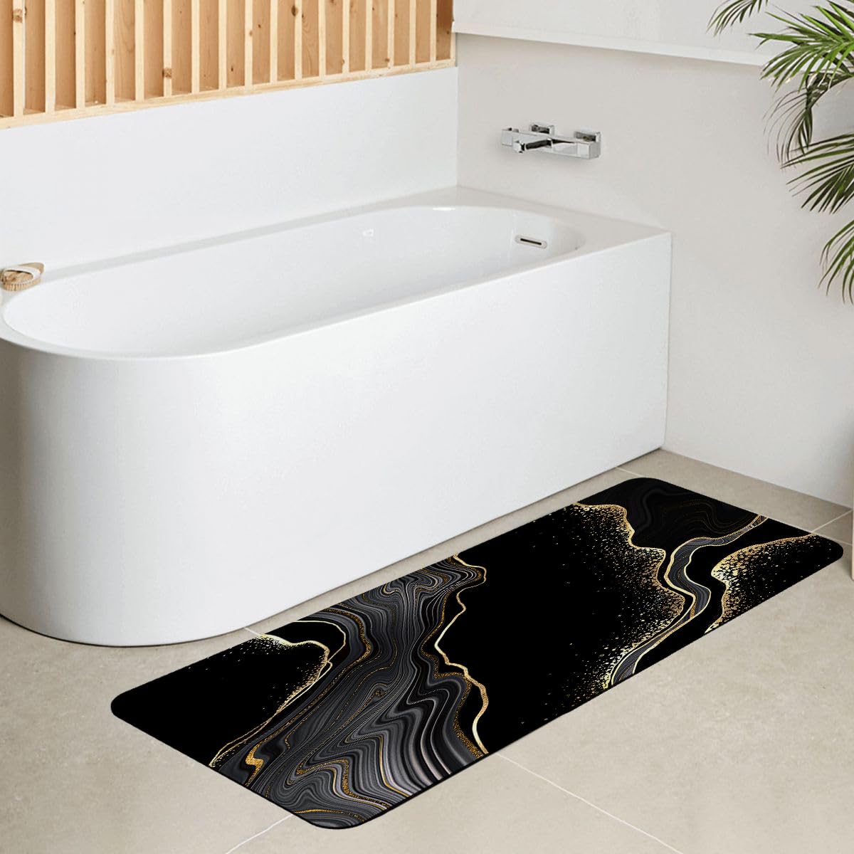 Azppsad Extra Long Bath Rug, Black and Gold Marble Decor Non Slip Bath Runner Rug with Rubber Backing, Thin Absorbent Quick Dry Bath Mats for Bathtub Bathroom Kitchen, 15.7x47.2 inch