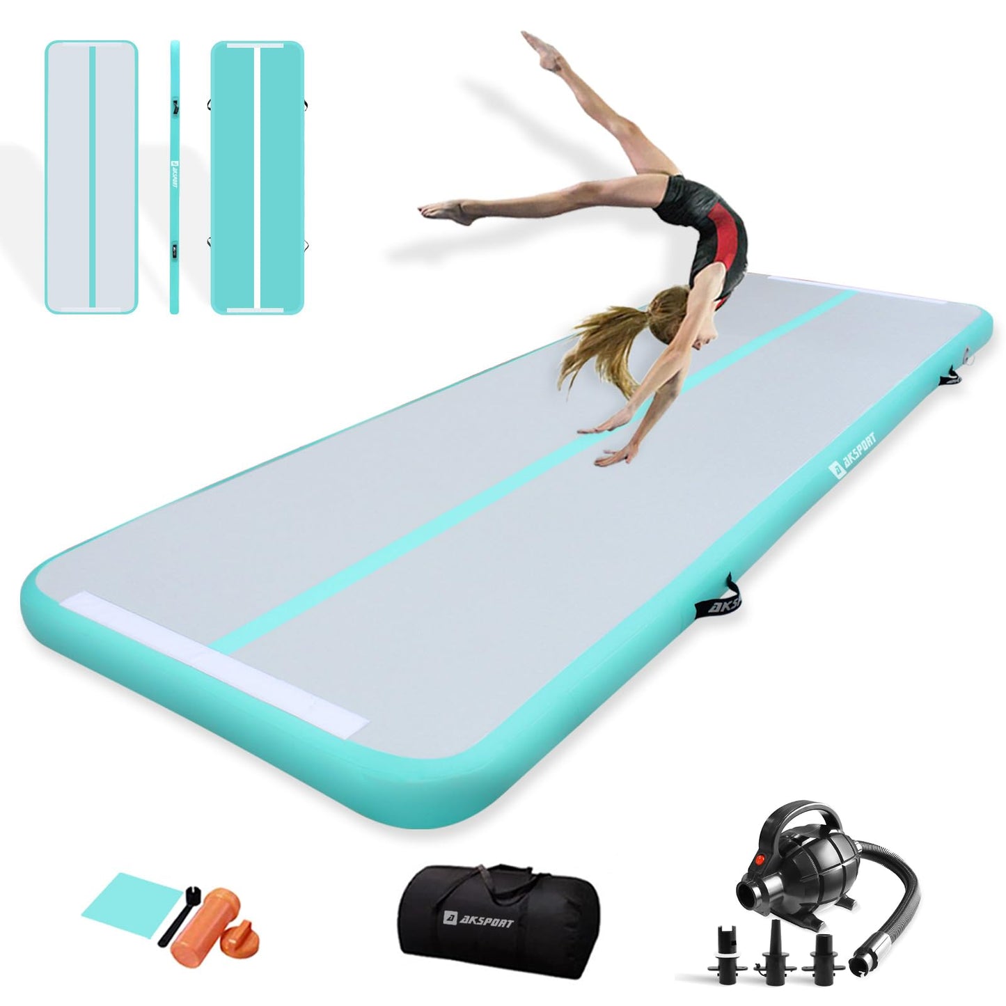 AKSPORT Gymnastics Air Mat Tumble Track Tumbling Mat Inflatable Floor Mats with Electric Air Pump for Home Use/Tumble/Gym/Training/Cheerleading/Parkour/Beach/Park/Water(Grey Green,13ftx3.3ftx4inch)