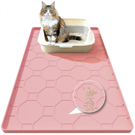 Silicone Cat Litter Mat, 34“ x 22” Waterproof Cat Litter Mats for Floors, Raised Edges Prevent Leaks and Make Cleaning Easy (Pink)