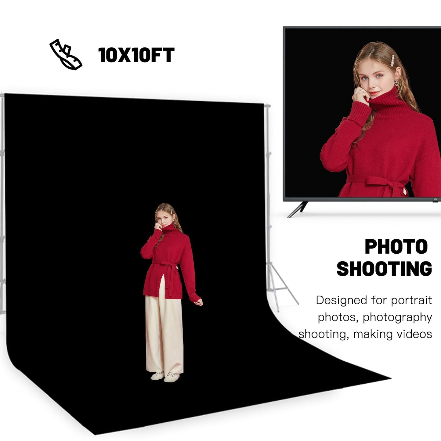 BEIYANG 10 x 10 ft Black Backdrop Background for Photography, Photo Cloth Background Screen, Wrinkle-Resistant Black Curtain for Portrait, Product Video, Photography Studio