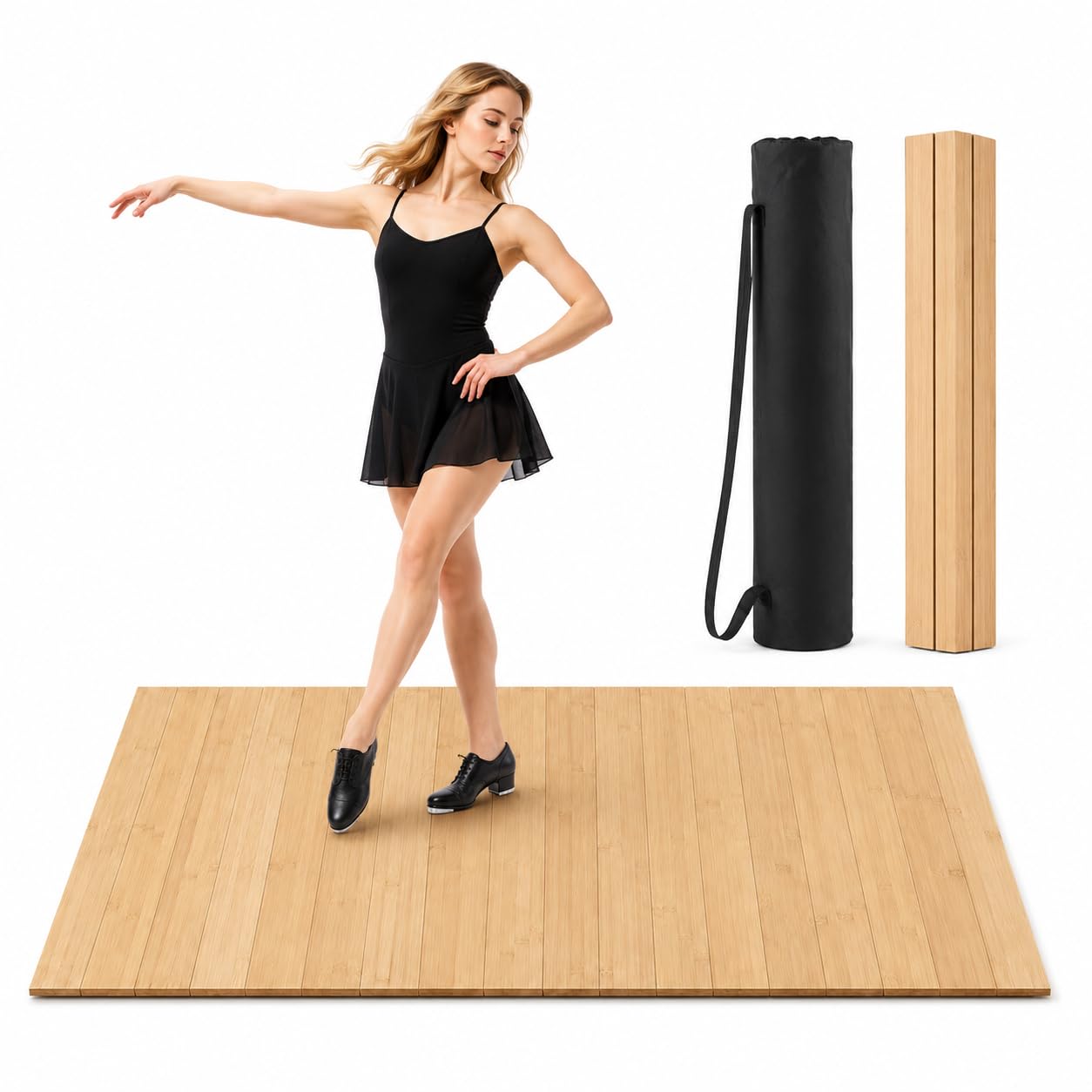 Foldable Tap Dance Floor - Premium Bamboo Portable Tap Board with Non-Slip Backing & Heavy Duty Carrying Bag, Large Dancing Mat for Home Studio, Street, Outdoor Practice (wood tone)