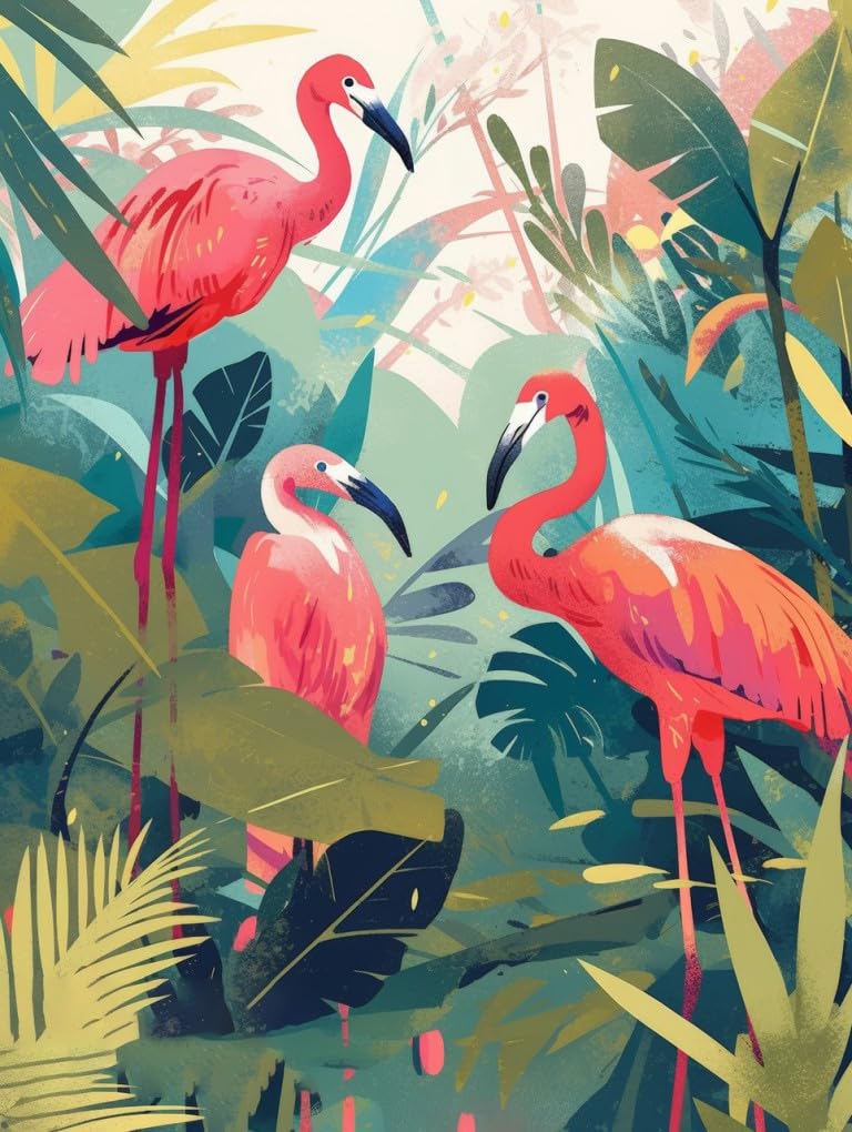 Vibrant Visual Pink Green Flamingo Jungle Pattern Outdoor Rugs 2x6 for Porch Patio Deck Balcony Washable No Slip Durable Large Carpet in Backyard Garden Foyer Rustic Natural 3D Aesthetic Area Rug