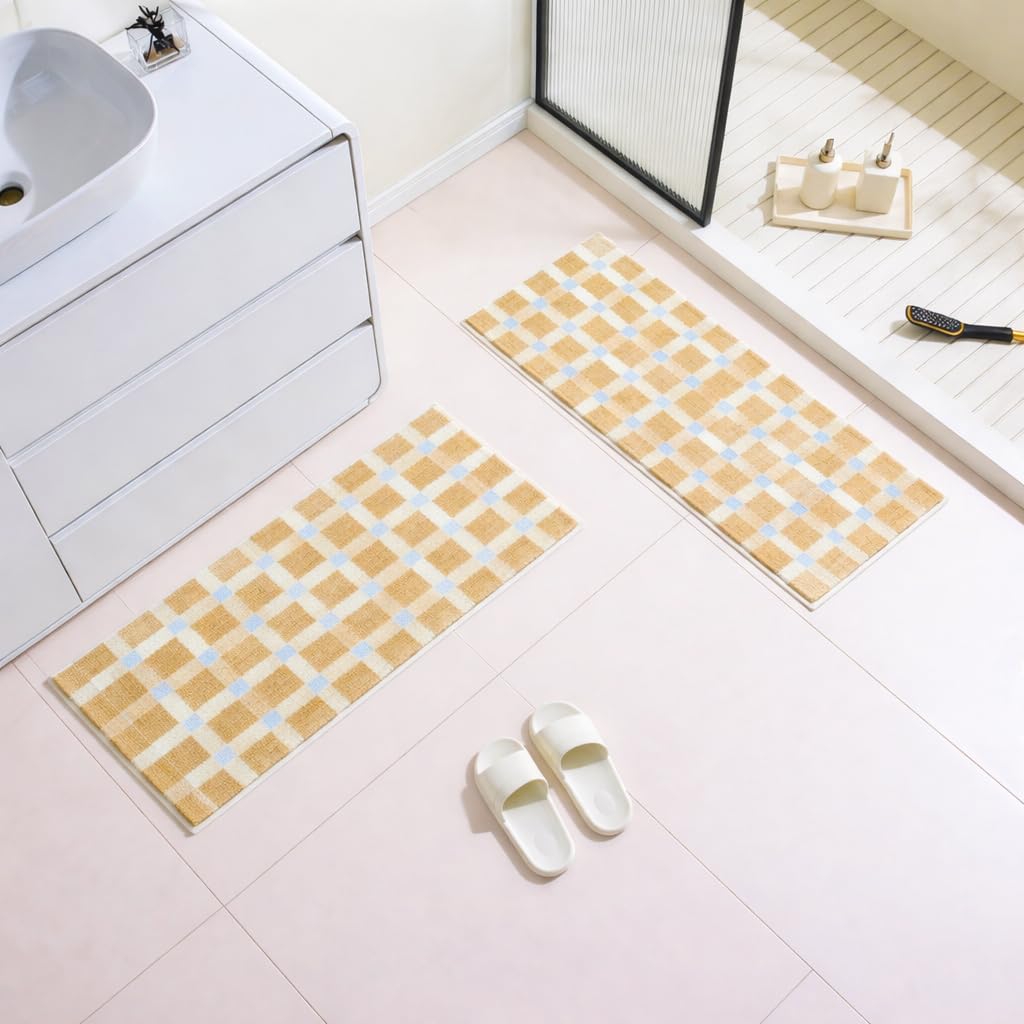 GIB Bathroom Runner Rug Mat 47" x 16", Extra Soft Absorbent Plush Fluffy Bath Rugs, Non-Slip Washable Bath Mats for Bathroom Floor Shower Bedroom Decor, Warm Beige Cream Checkered with Blue Accents