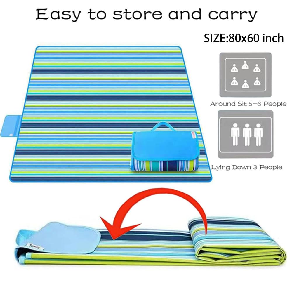 K Y KANGYUN Beach Blanket Outdoor Picnic Blankets Mat 80"x60" Extra Large Waterproof Sand Proof Camping Blanket Lightweight Folding Portable Travel Blanket for Family Park Beach Grass (Blue Line)