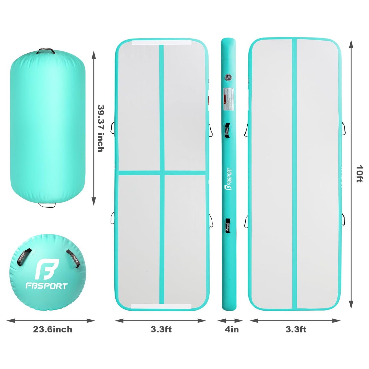 FBSPORT Inflatable Air Gymnastics Mat 4 inches Thickness and Air Roller 40x23.6 inches with Electric Air Pump 10ft Training Mats for Home Use Cheerleading Outdoor Training Park Yoga Beach Water(Green)