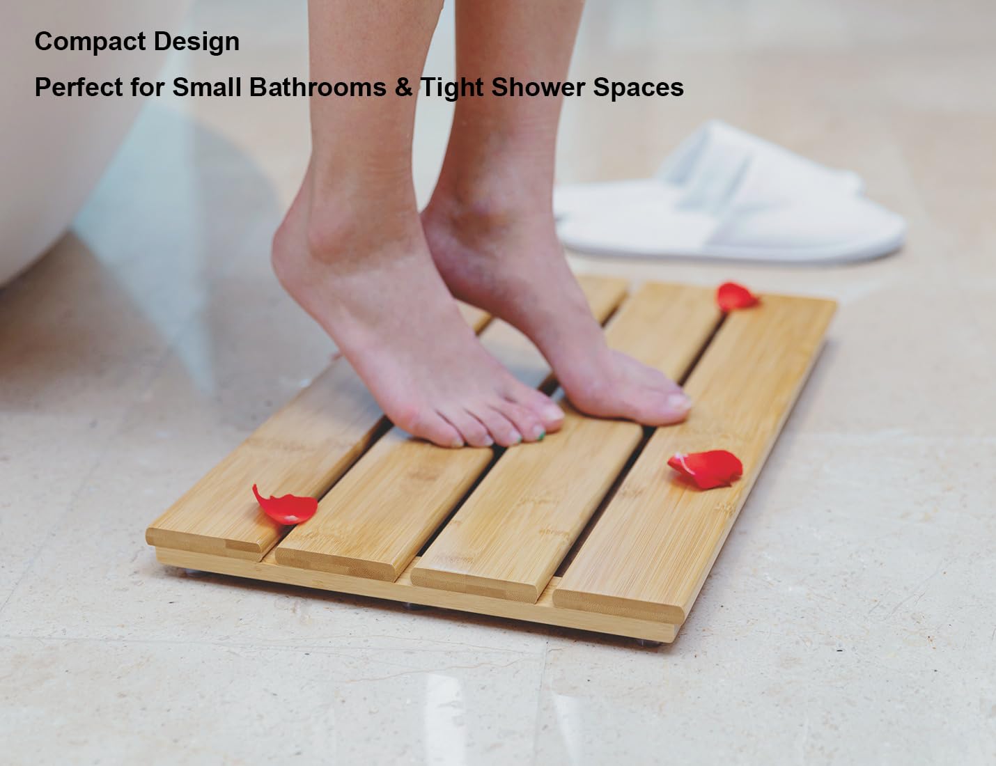 Small Bamboo Bath Mat – Mini Wooden Shower Floor Mat for Compact Bathroom, RV or Tight Spaces, Non-Slip, Quick Dry, Easy to Clean, Indoor Outdoor Use, 15.8" x 10.2" by PELYN