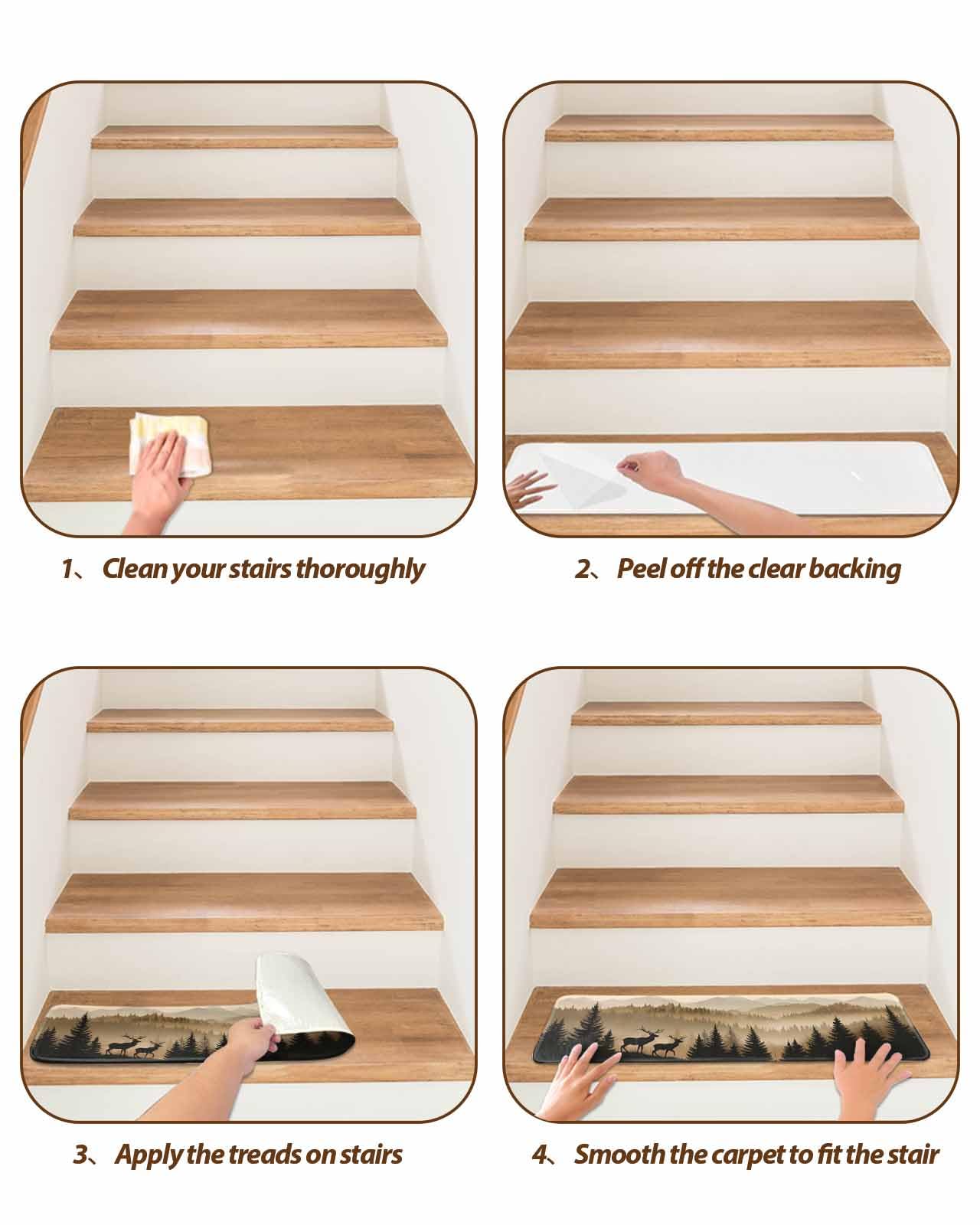 Black Forest Stair Treads for Wooden Steps Indoor Runner Rug Carpet, Deer Silhouettes Foggy Grey Pine Tree 10 Pieces Peel and Stick Staircase Step Treads Covers Washable Throw Door Mats 30"x8"