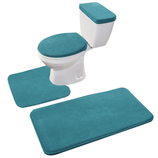 Madeals Memory Foam Bathroom Toilet Rug Set 4 Piece with Toilet Lid Cover and Tank Covers Teal Blue