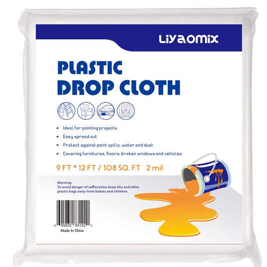 Liyaomix 1 Pack 2 Mil Plastic Drop Cloth 9ft x 12ft, Heavy Duty Plastic Painters Drop Sheet, Waterproof Paint Tarp for Painting, Renovations - Floor Covering & Dust Cover