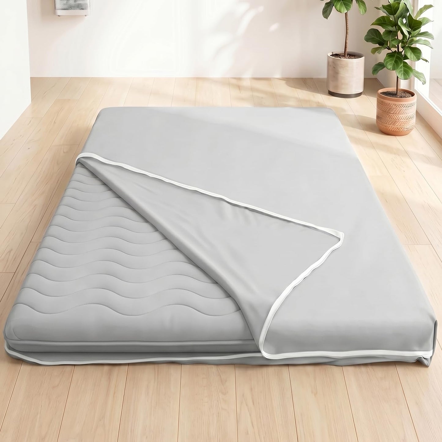 SCHNAUZER HOME Mattress Cover for 2-4" Thick Japanese Futon Mattress, Floor Mattress Tatami Mats Cover with Zipper, Dustproof and Machine Washable, 84" L×58" W, Grey, Full