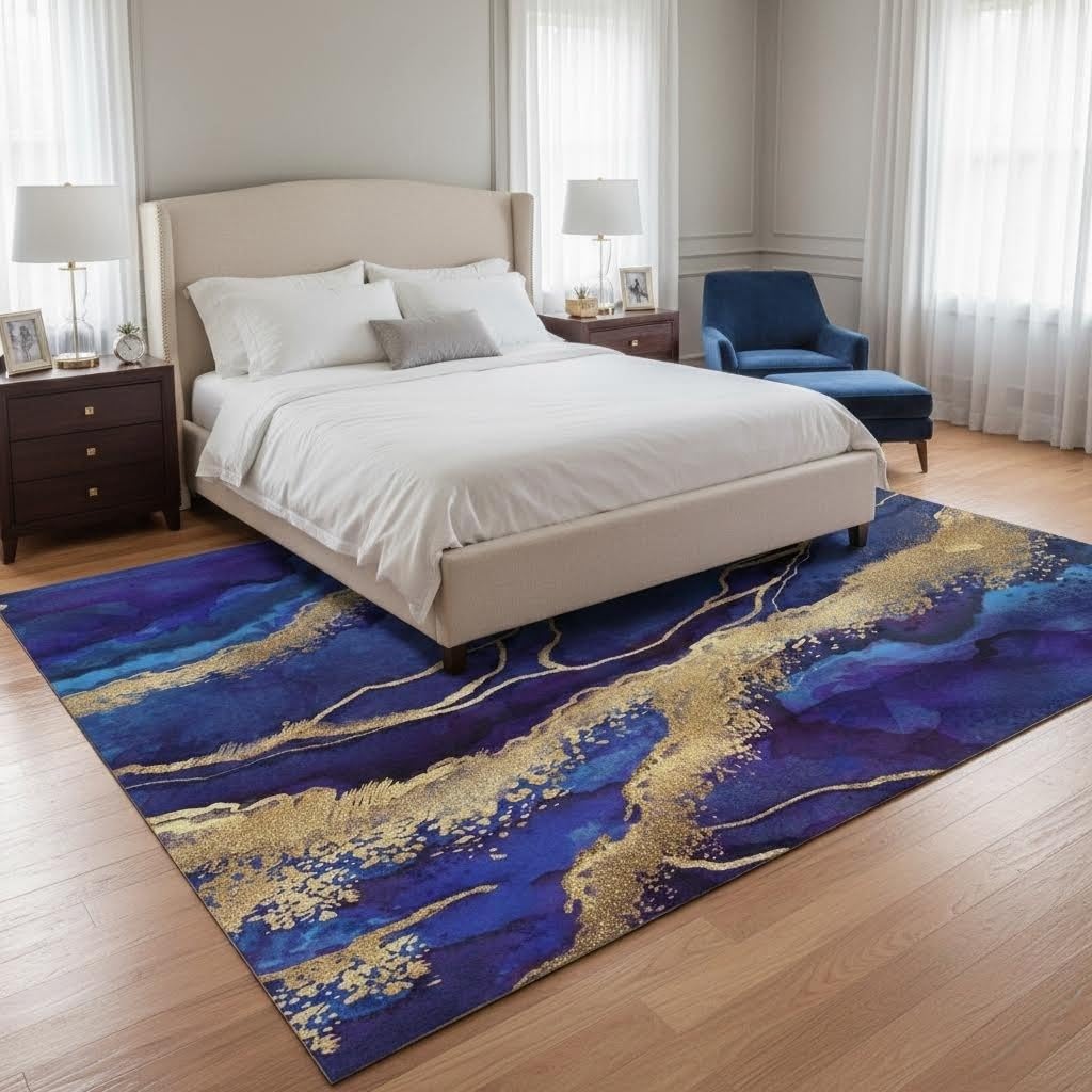 Royal Blue Gold Marble Texture Modern Abstract Area Rug for Living Room Bedroom Guestroom Faux Wool Washable Carpet Non Slip Under Dining Room Coffee Table Art Deco Floor Rug 4x6 Lux Office Dorm Mat