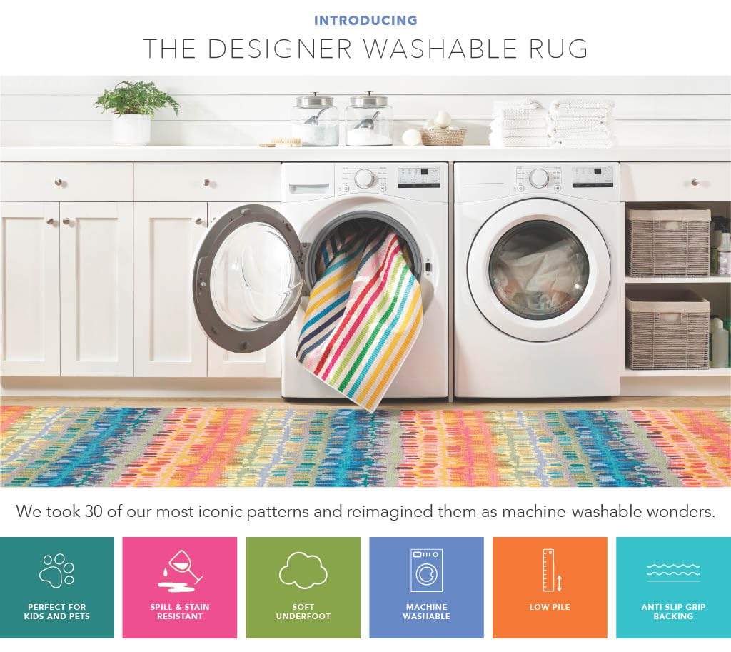 Dash & Albert Bowman Stripe Blue Machine Washable Rug, 7.5 X 9.5 Feet, Blue/Ivory Stripe Pattern