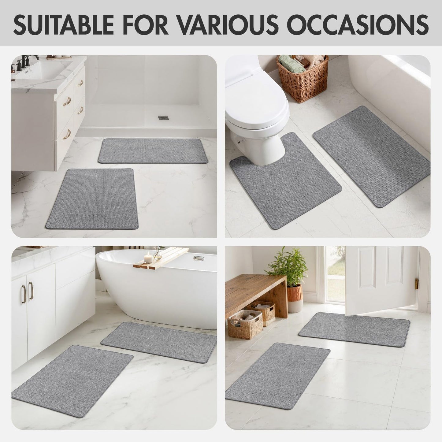 MIULEE Set of 2 Ultra Thin Bathroom Rugs, Rubber Bath Mats for Bathroom Non Slip, Quick Dry Absorbent Bath Rug Machine Washable, Fit Under Door, Shower, Sink, Home Decor, Grey, 17x27 Inch