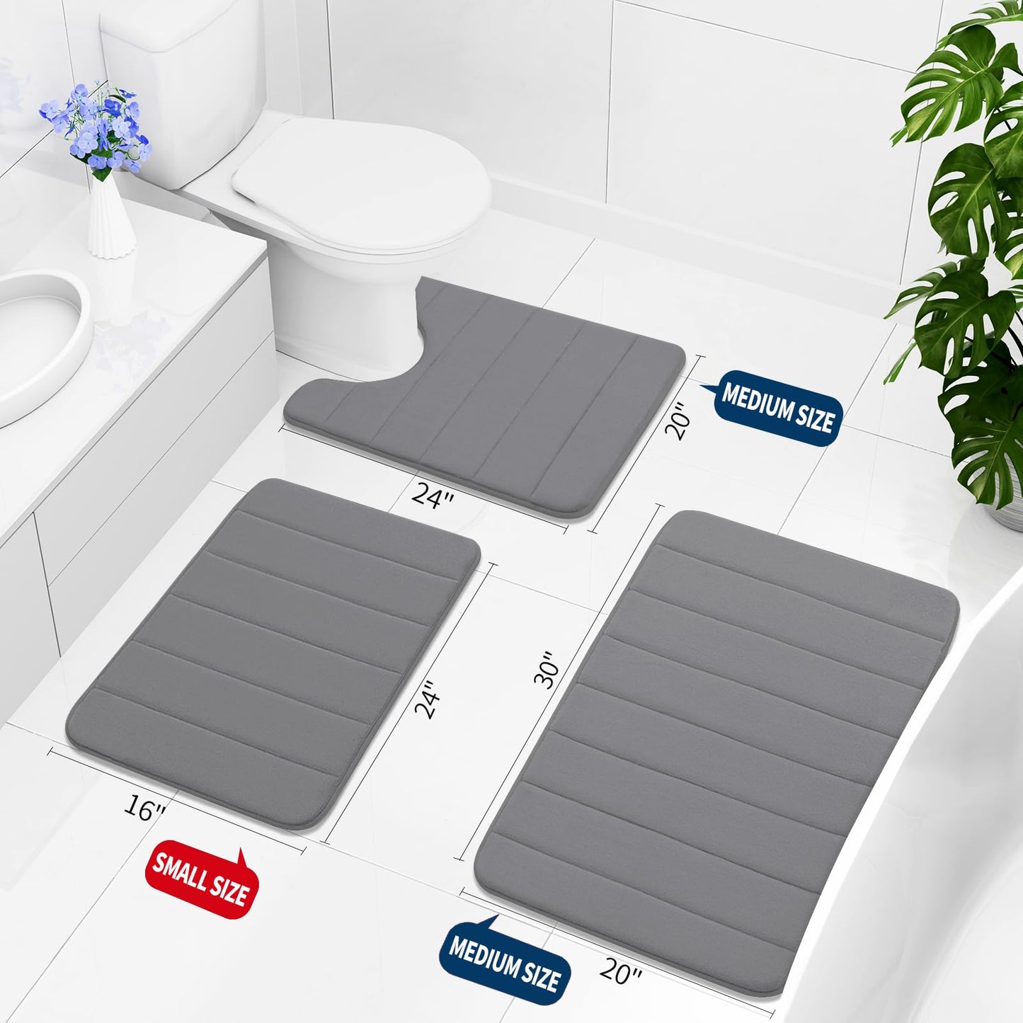 Buganda Memory Foam Bath Mat, 60" x 24", Ultra Soft and Non-Slip Bathroom Rugs, Water Absorbent and Machine Washable Bath Rug Runner for Bathroom, Shower, and Tub, Grey