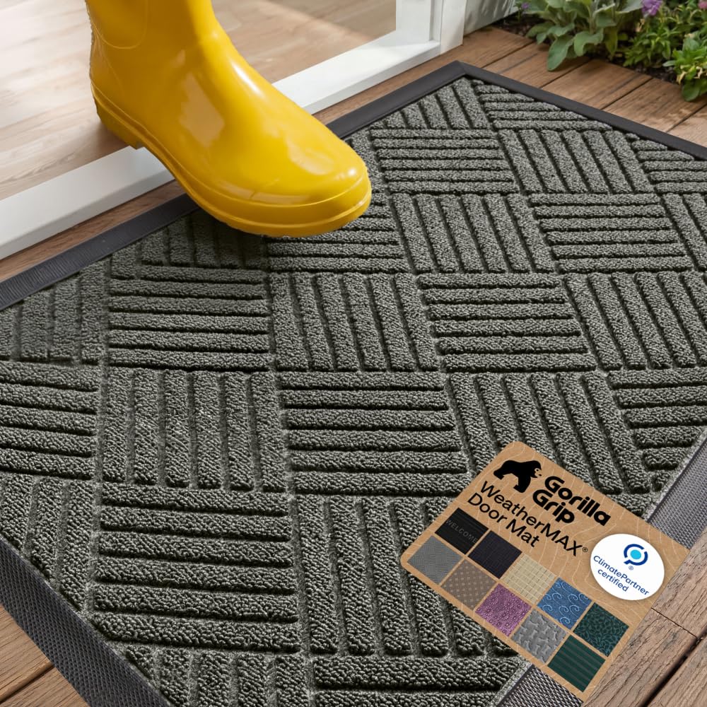 GORILLA GRIP 100% Waterproof All-Season WeatherMAX Doormat US Designed Natural Rubber, Stain Fade Resistant, Low Profile Indoor Outdoor Door Mats, Easy Clean, 29x17 Gray Diamond