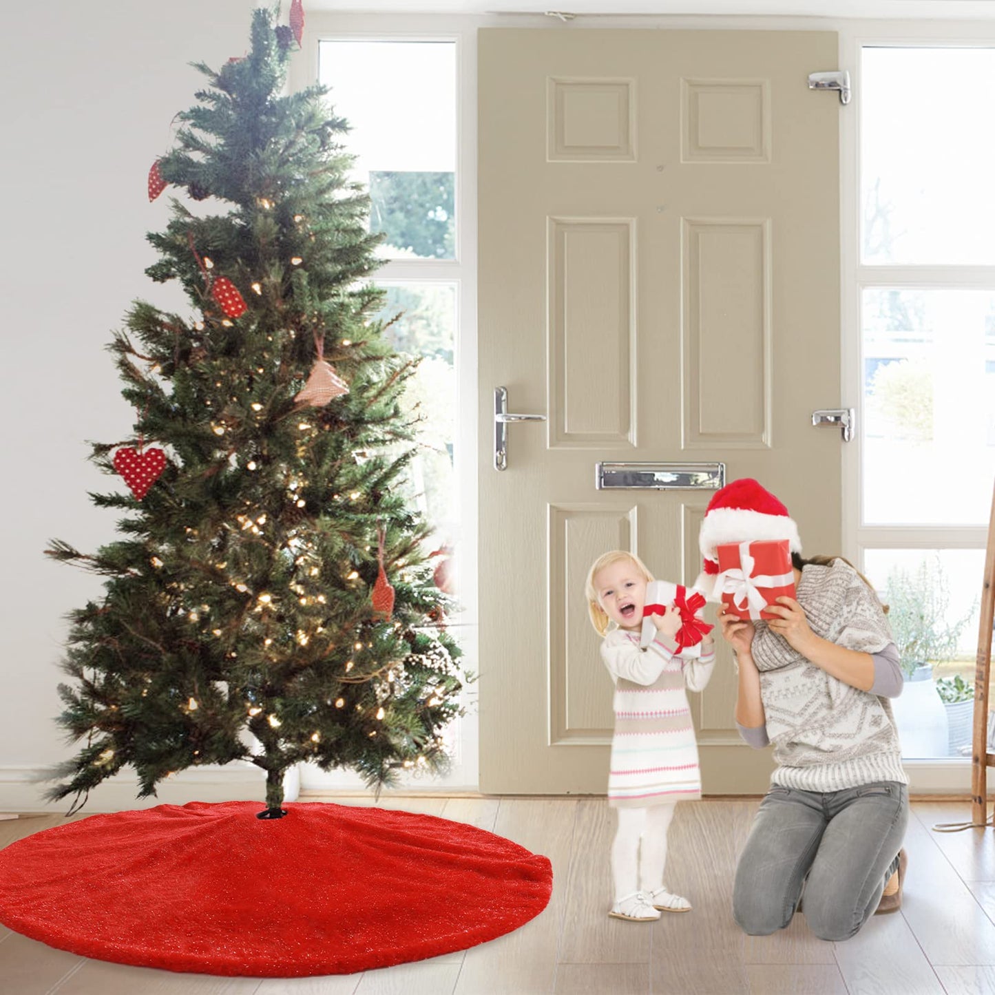 Atiming 30 Inches Red Christmas Tree Plush Skirt with Shiny Streamers Faux Fur Xmas Tree Skirt Base Cover Mat for Christmas Tree Holiday Home Party Decorations - 78cm
