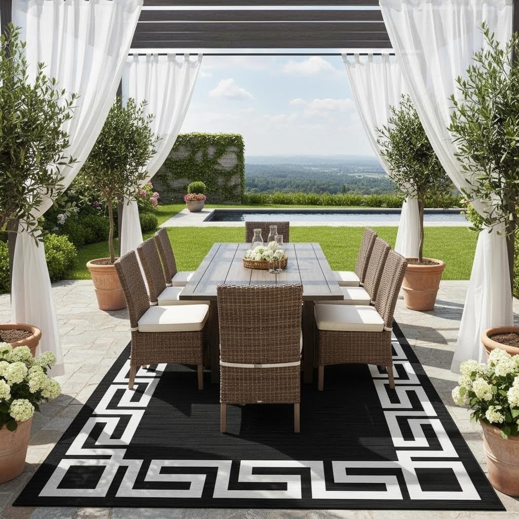 Black White Greek Key Border Outdoor Rug for Patio Deck Balcony Camping Garden Porch Large Waterproof Outside Carpet Meander Frame Decorative Area Rug Kitchen Camping Rv Picnic Easy Clean Mats 3x5