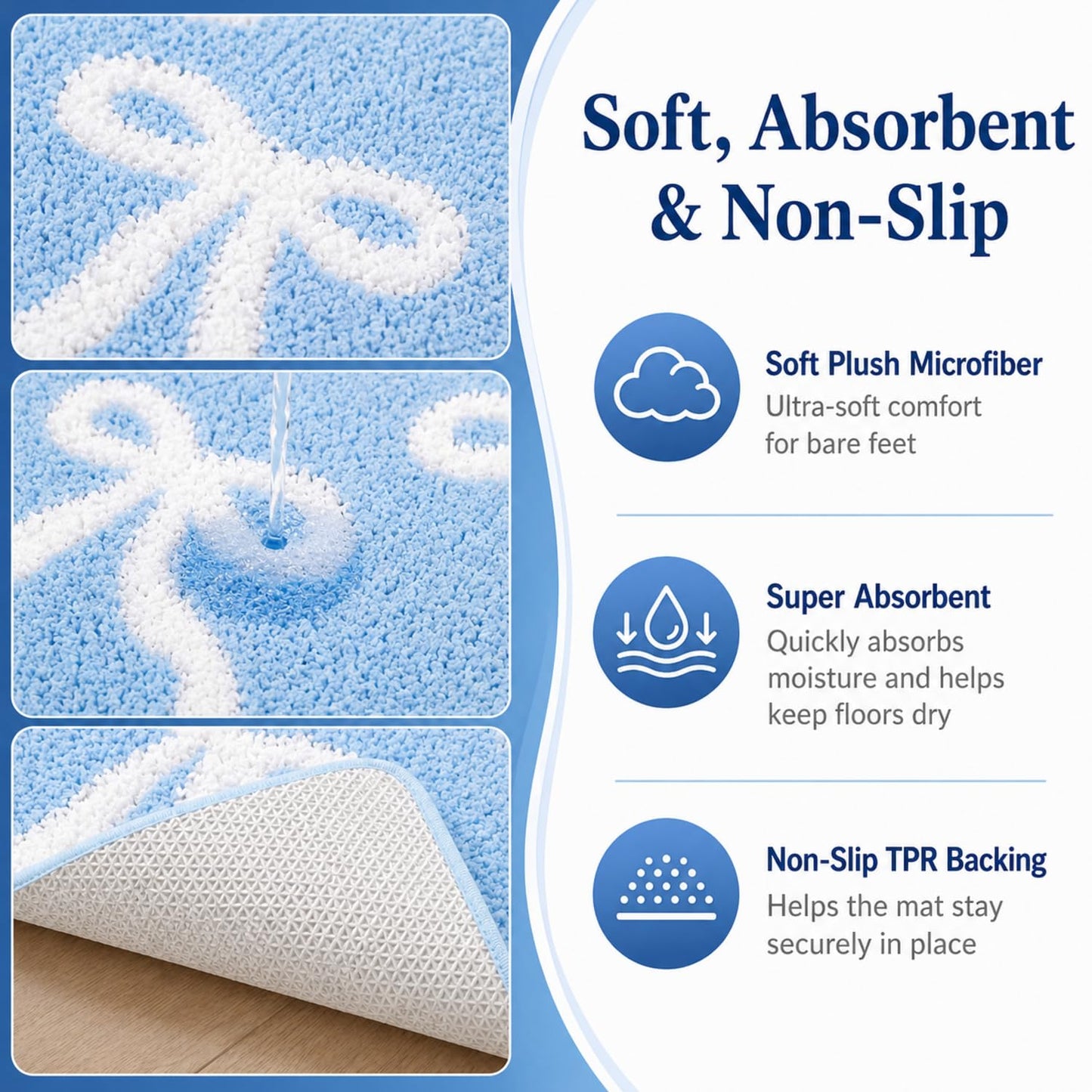 Tinideya Blue Bow Bathroom Rug 20 x 32 Inch Coquette Bath Mat Non Slip Absorbent Microfiber Floor Mat Machine Washable Cute Bow Rug for College Dorm Vanity Bedroom Bathroom Decor