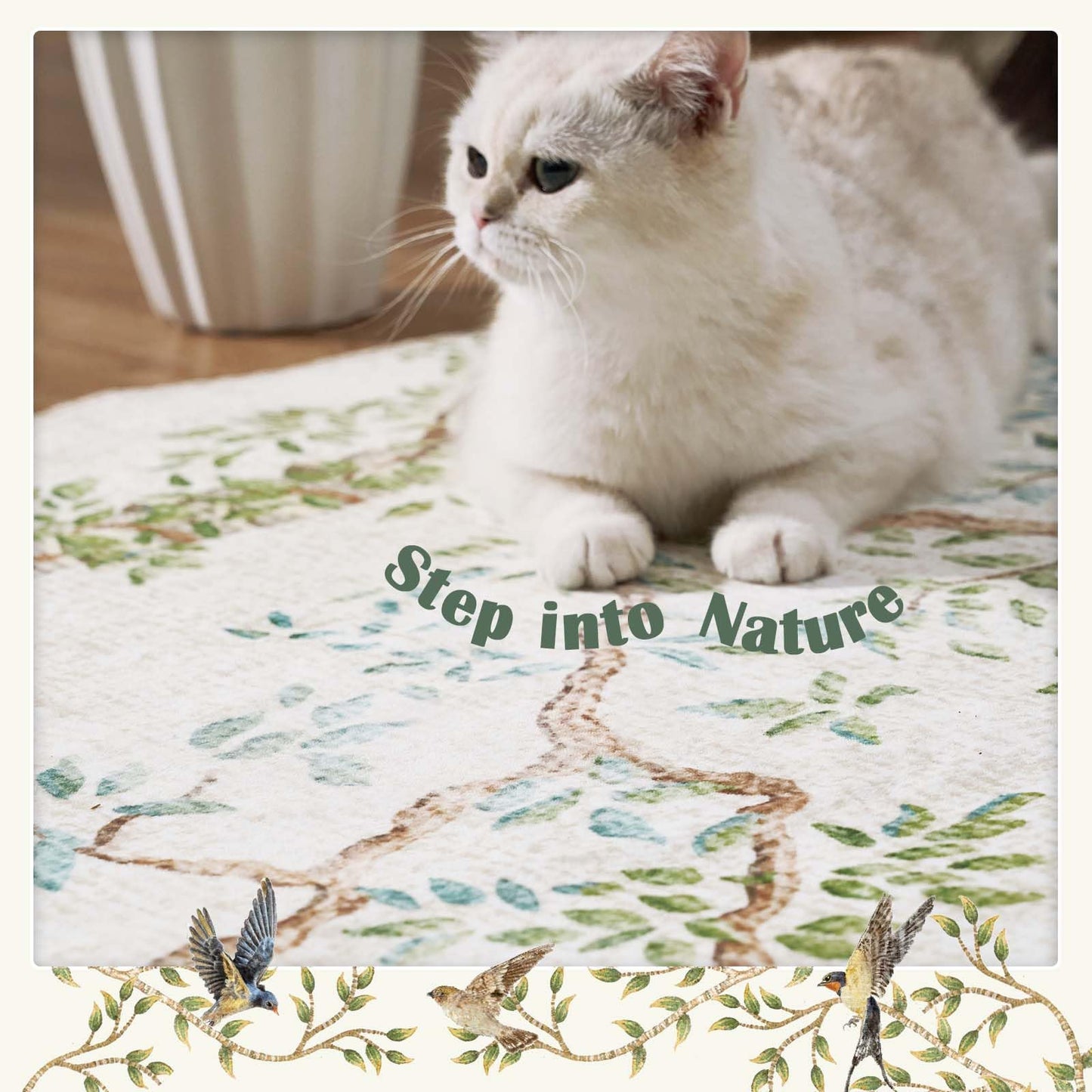 jinchan Yarden Round Rug 8ft, Vintage Distressed Botanical Birds Print Rug, Machine Washable Ultra Thin Low Pile Non Slip Area Rug, Ivory Circle Rug for Living Room Bedroom