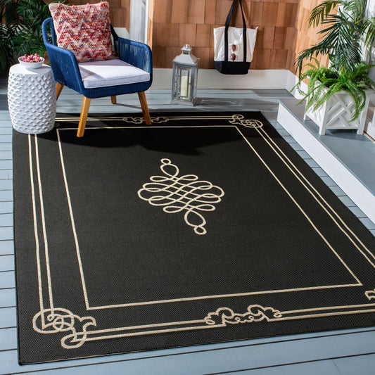 SAFAVIEH Washable Rug Outdoor Courtyard Collection - 4' x 5'7", Black & Cream, Non-Shedding & Easy Cleaning, Ideal for Patio, Backyard, Mudroom (CY6788-26)
