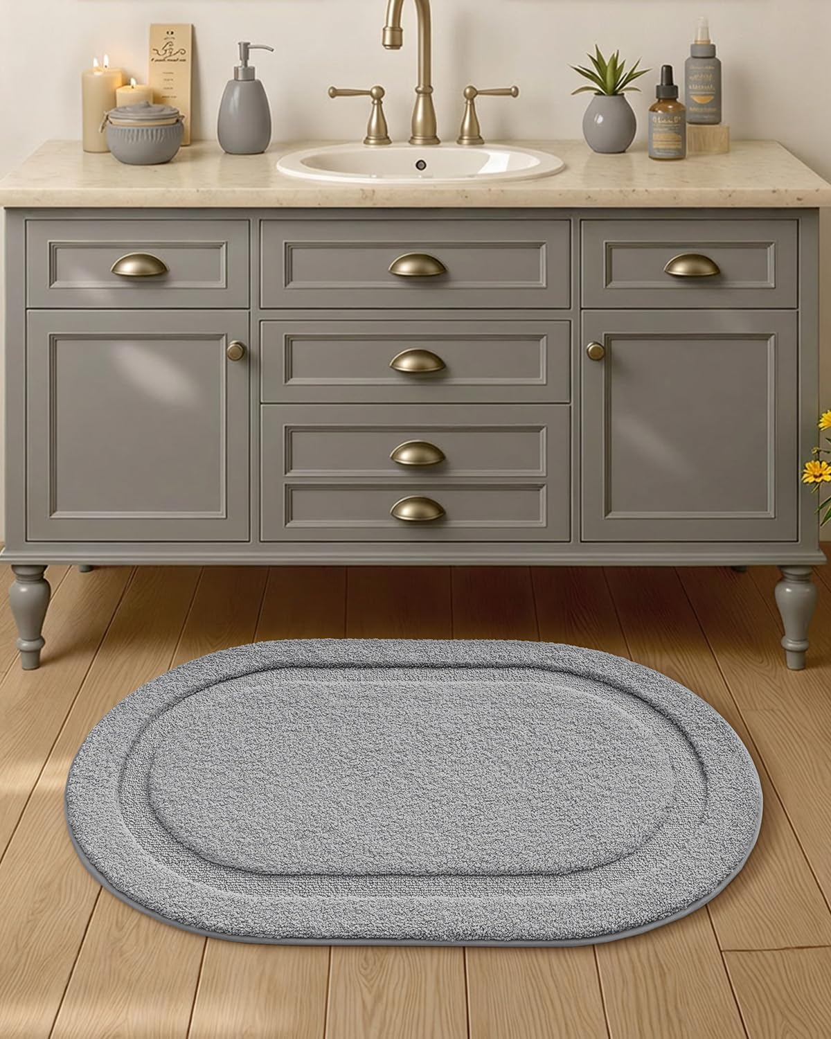 Color&Geometry Oval Grey Bathroom Rugs 43x24, Extra Soft Absorbent Microfiber Bath Rugs, Non-Slip Bathroom mat, Washable Plush Bath Mats for Bathroom, Shower, Bathtub, Laundry, Light Grey