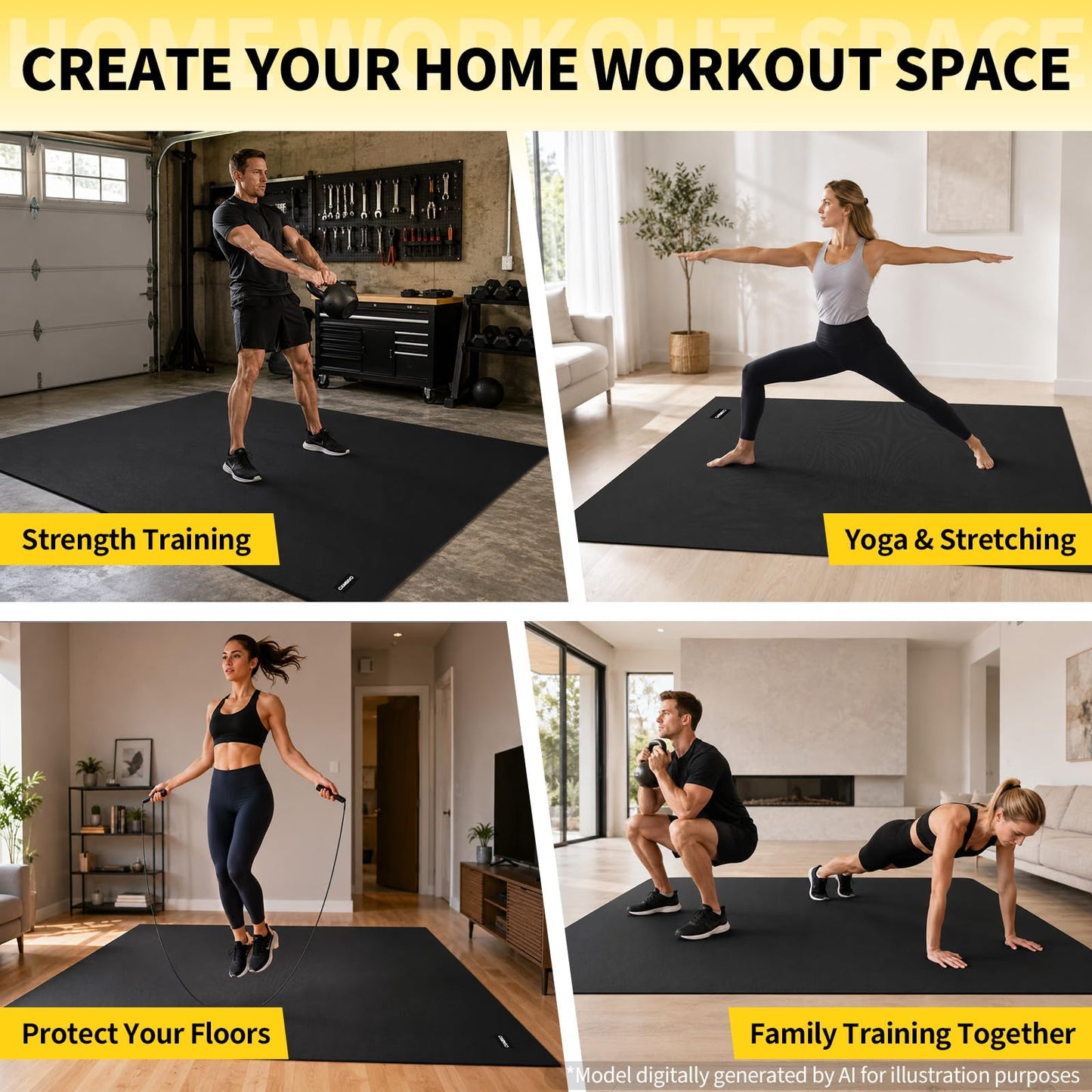 CAMBIVO Large Exercise Mat for Home Gym, 8'x6'/7'x5'/6'x4' (7mm) High-Density PVC Extra Thick Workout Mat, Non-Slip Shoe-Friendly Gym Flooring Mat for Jump Rope, Weights, Cardio, Garage & Home Workout (Ink Black)