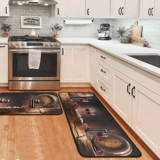 OUXIOAZ Wine Grape Kitchen Rugs Set of 2, Vintage Wine Barrel Bottle Glass Floor Mats,Absorbent Non Slip Farmhouse Kitchen Runner Rug for Sink Laundry Room Decor, 17"x30"+17"x47"