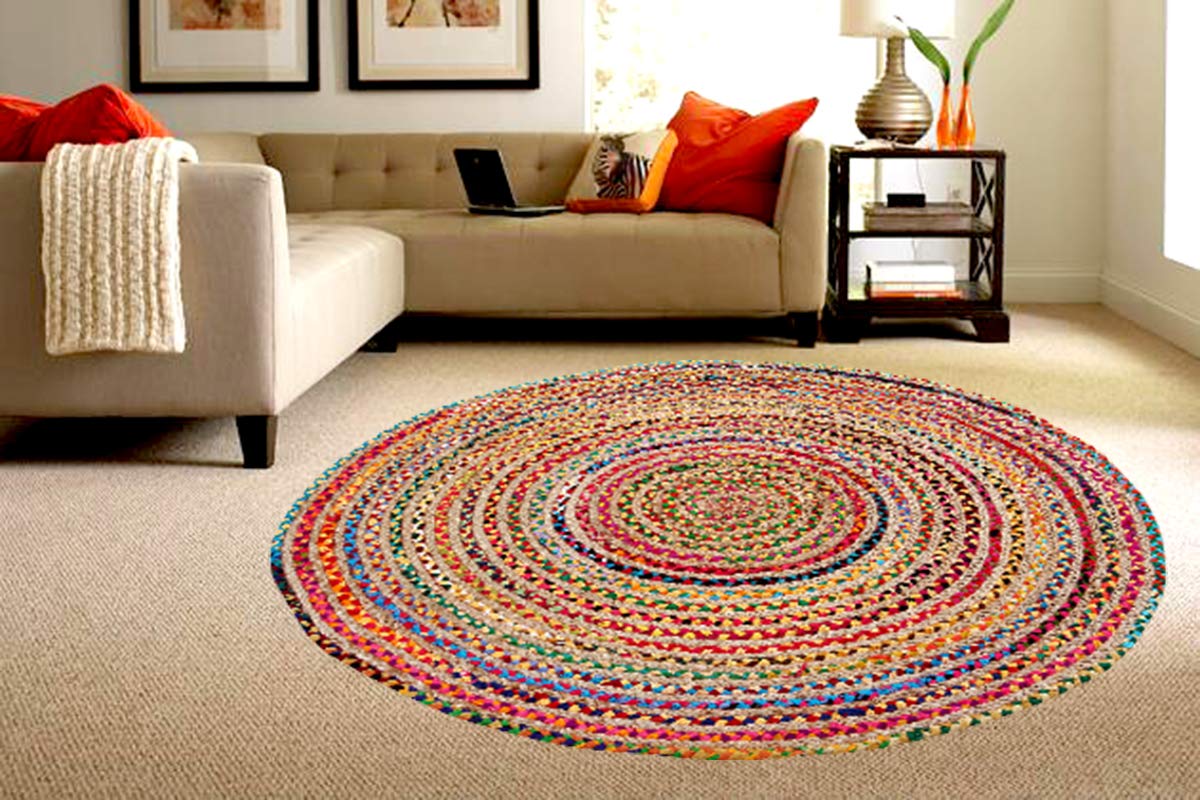 Lightnpro Bohemian Braided Rug 4 Feet Round - Multi Color, Circle Farmhouse Jute Cotton Area Rag Rug for Kitchen, Kids Bedroom, Playroom | Colorful Hand Woven Reversible Pet Friendly Carpet