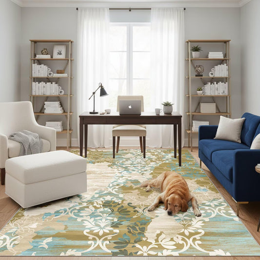 5x7 Area Rugs,Abstract Area Rugs, Modern Washable Non-Slip Rug for Living Room, Bedroom, Dining Room, Soft Low Pile Carpet, Neutral Decor for Home and Office,Abstract Floral - Yellow
