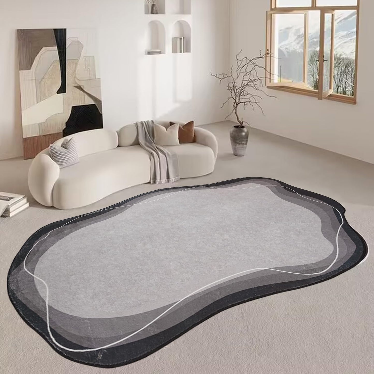 Poowe Area Rug Indoor Vintage Living Room Carpet Kitchen Washable Distressed Cloud Waves Edge Bedroom Rugs Retro Accent Throw Carpet for Office Dining Room Bathroom-Grey 4' x 6'