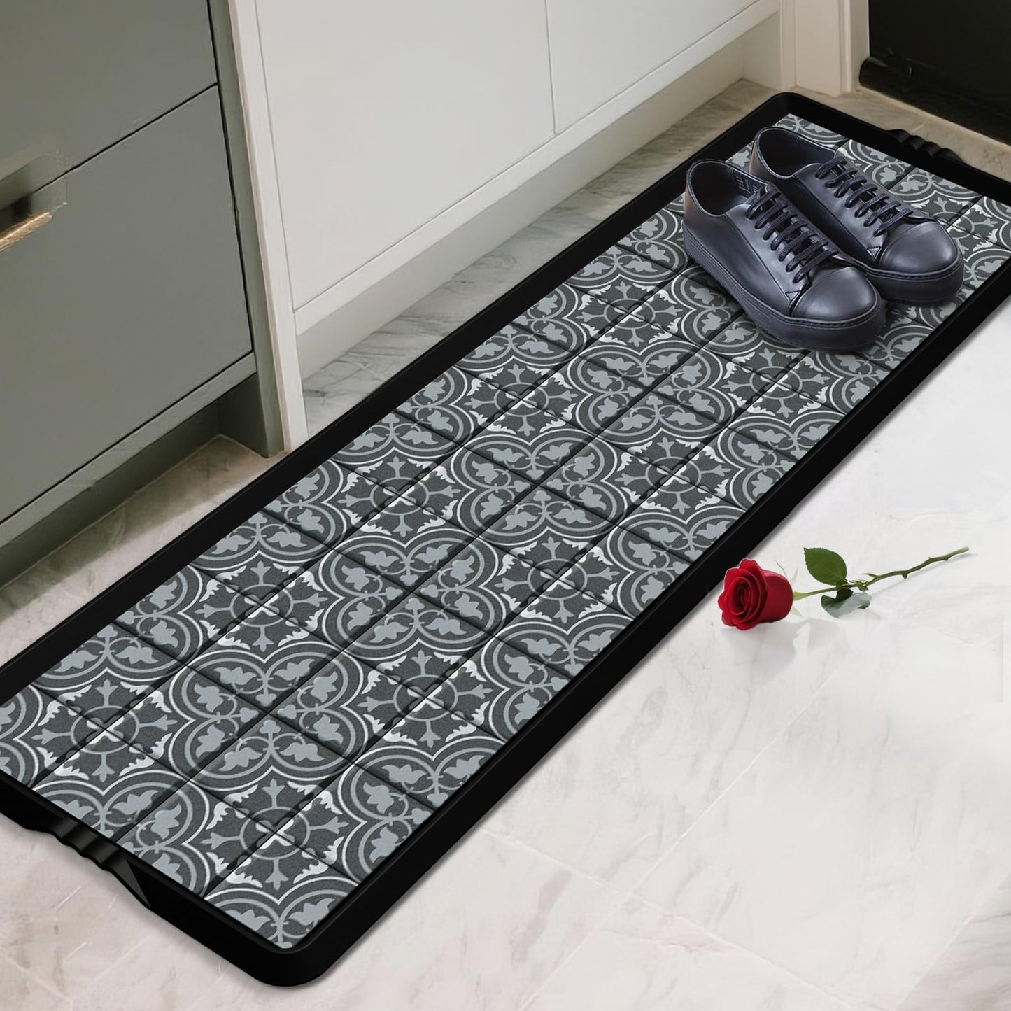 BEHERO Boot Tray Shoe Mat Decorative Patterned, Rubber Boot Matt Tray Indoor and Outdoor Use, 16" x47.5" Shoe Cleaning Mat Non-Slip, Shoe Storage Waterproof with Artistic Prints for Entryway(Gray)