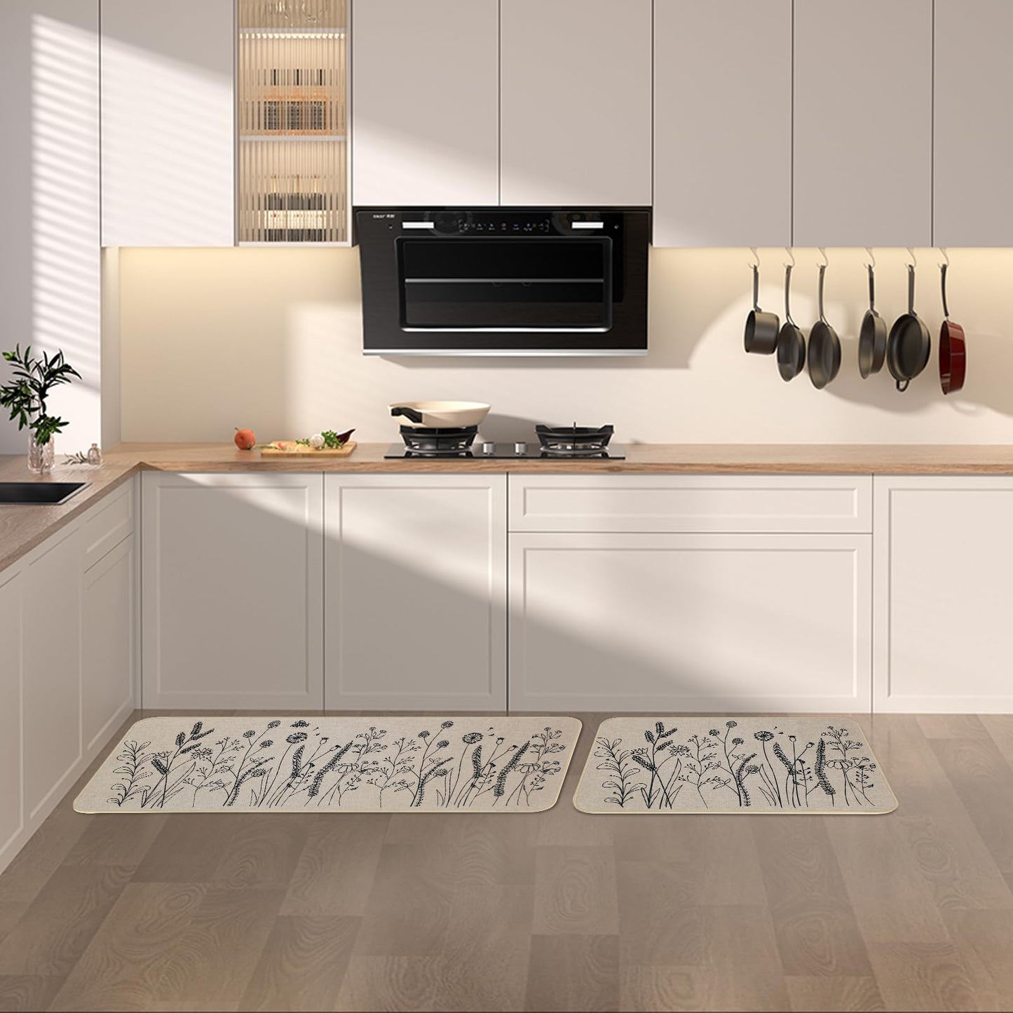Mirok Kitchen Mats for Floor 2 Piece,Floral Plants Bee Spring Kitchen Rugs Sets of 2,Non Slip Kitchen Rug for Floor (Flowers/Grass Beige,17"x29"+17"x47")