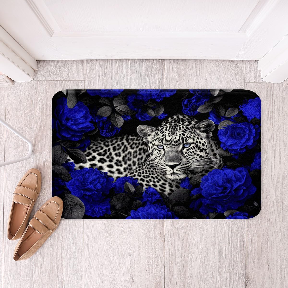3D Leopard Rug Blue Rose Cheetah Print Bathroom Rugs for Kids Child,African Safari Animals Kitchen Mat Novelty Big Cat Wildlife Wild Animal Room Decor Shaggy Water Absorbent Shower Mat 16"x24"