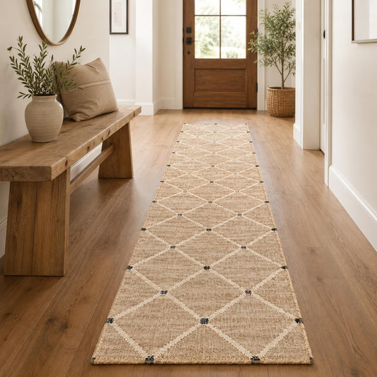 Jute Runner Rug 2.5'x8, Hand Woven Area Rug - Handcrafted Premium Geometric Design, Indoor Natural Fiber Hallway Jute Rug - Rustic Farmhouse Carpet for Kitchen, Entryway, Hallway, Bedroom - Natural