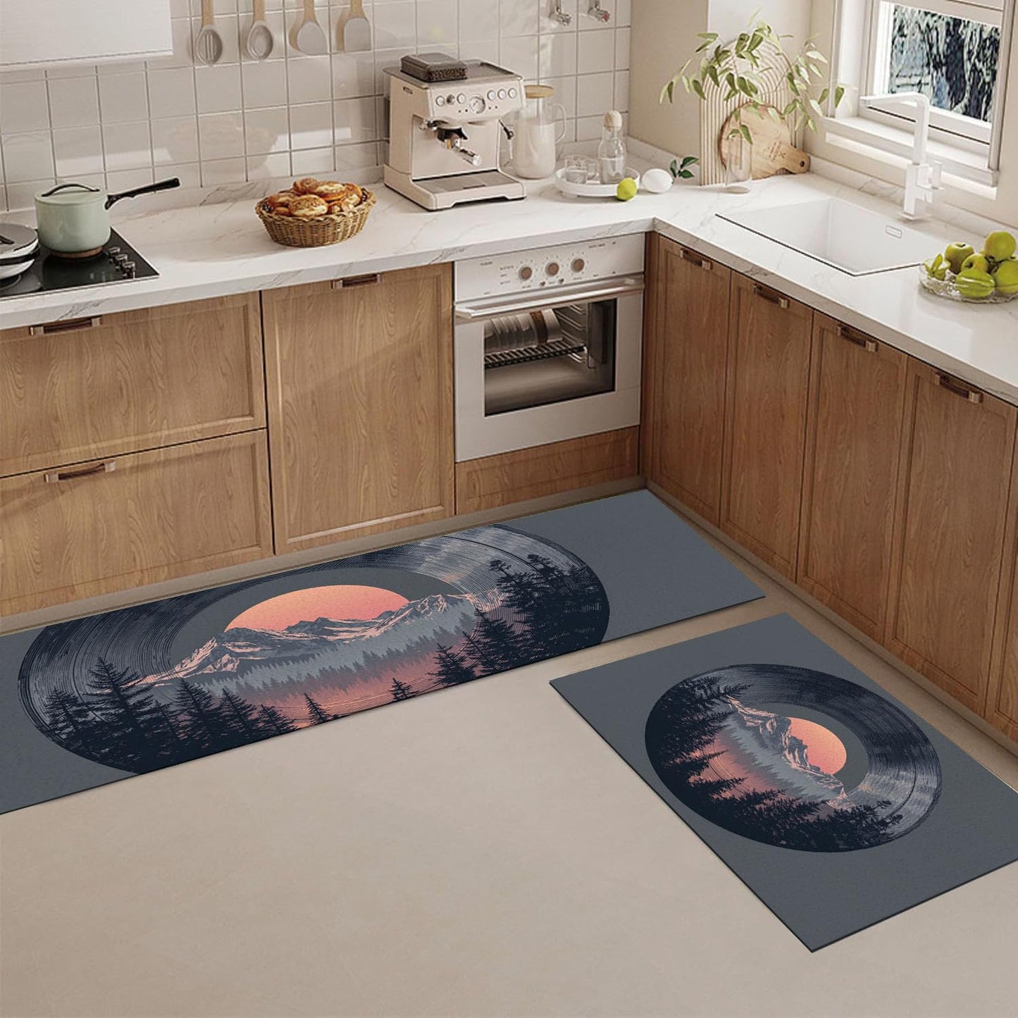 Kitchen Rugs Sets of 2 Potted Green Plants Non Slip Kitchen Mats Washable Runners Rugs Glass Conservatory Soft Standing Floor Mat for Hallway, Dining Room and Entrance, 40x60cm+40x120cm, Fresh Green