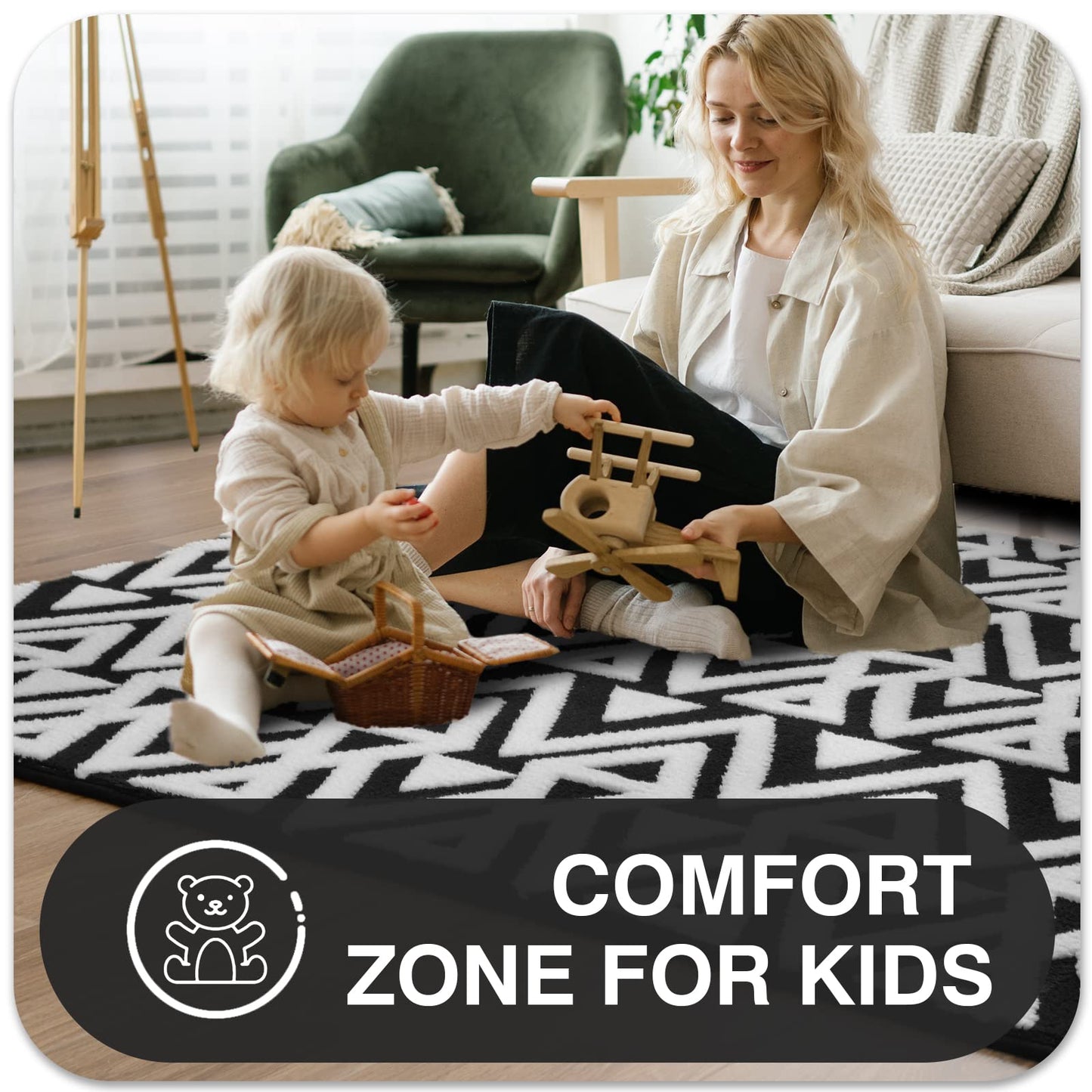 Ompaa Ultra Soft Geometric Bedroom Rugs Memory Foam Carpet, Black 5 x 8 Feet, Cozy Area Rugs for Living Room Couch Dorm Bedside Kids Girls Teens Room Nursery Decor Floor Mat