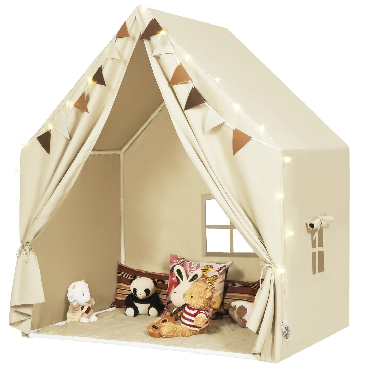 MORITECK Kids Play Tent with Padded Mat & Star LED Lights for Ages 4-8-10 Year Old Girls Boys, Large Cute Indoor Play Room House Tent for Toddler Children (Beige)