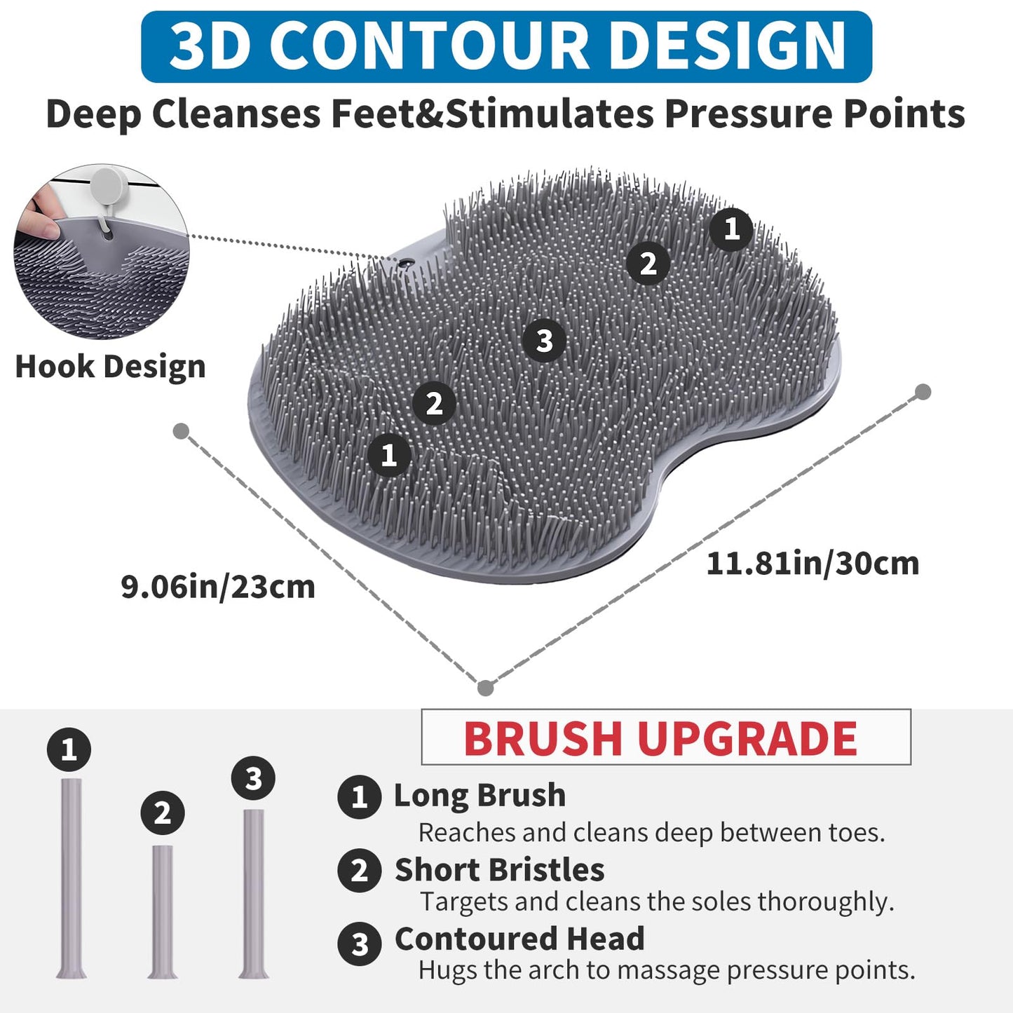 Merleu Shower Foot Scrubber Mat with 3 Types of Upgraded Brushes for Massage, Shower Back Scrubber with Micro Suction Cups,Back Washer,Shower Scrubber for Body at Home Spa (Gray)
