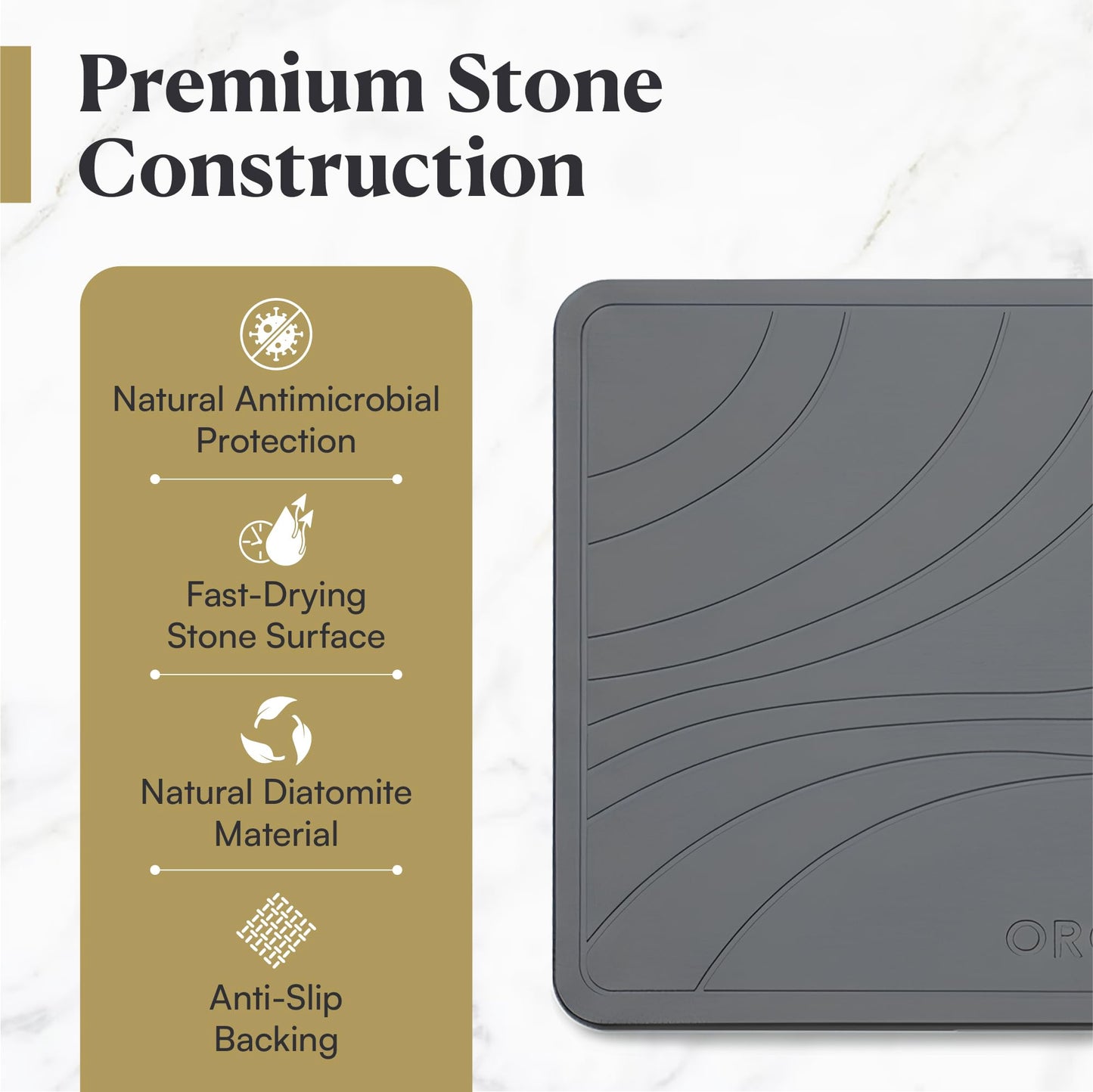 OROSTONE Stone Bath Mat – Diatomaceous Earth, Quick Dry & Super Absorbent, Non-Slip Base, Modern Minimalist Bathroom Mat, Luxury Shower Floor Mat for Bathroom (24x16”)